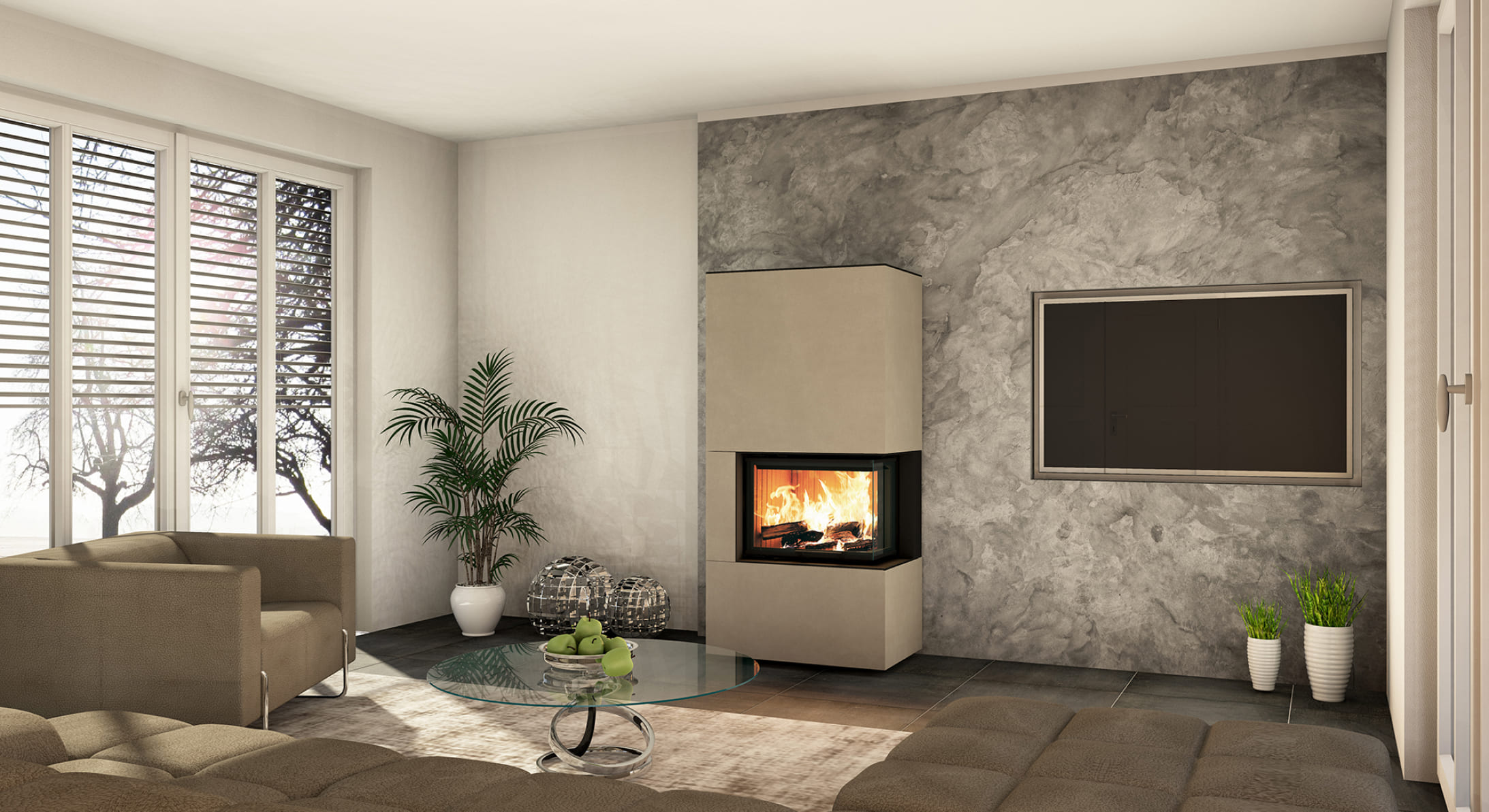 Der Neocube C10 Phedra Einsatzofen als eleganter Mittelpunkt des Wohnraums © Neocube