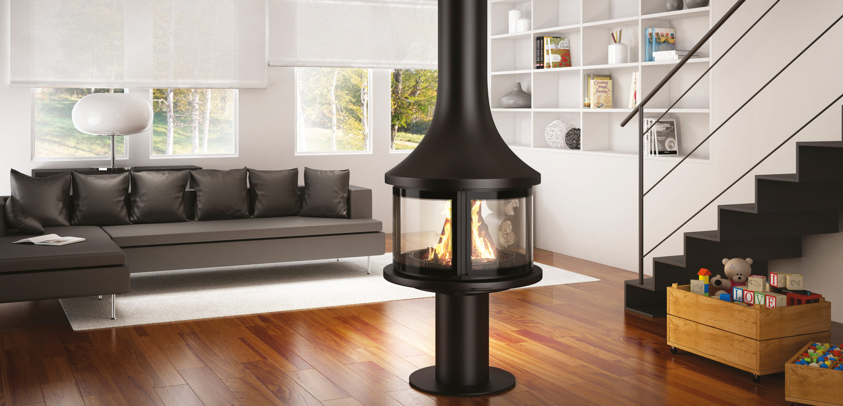 Der zentrale Designkamin Lea von Bordelet lässt sich perfekt in Ihr Zuhause integrieren © JC Bordelet